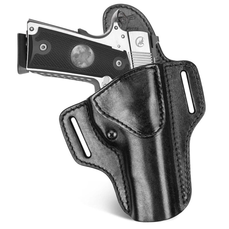 Premium Leather OWB Belt Holster With Sweat Guard front view showing molded leather body and open top carry design