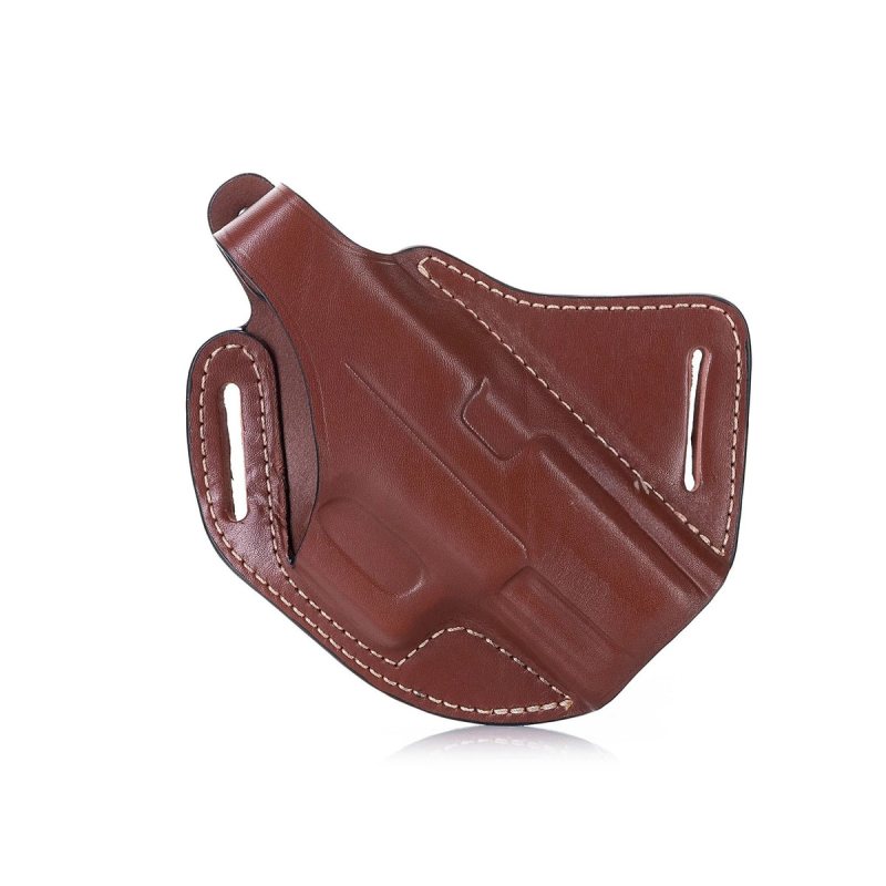 Handcrafted Cross-Draw Brown Leather Gun Holster - Custom Molded OWB Holster for Perfect Fit and Security with Reinforced Steel Thumb Break