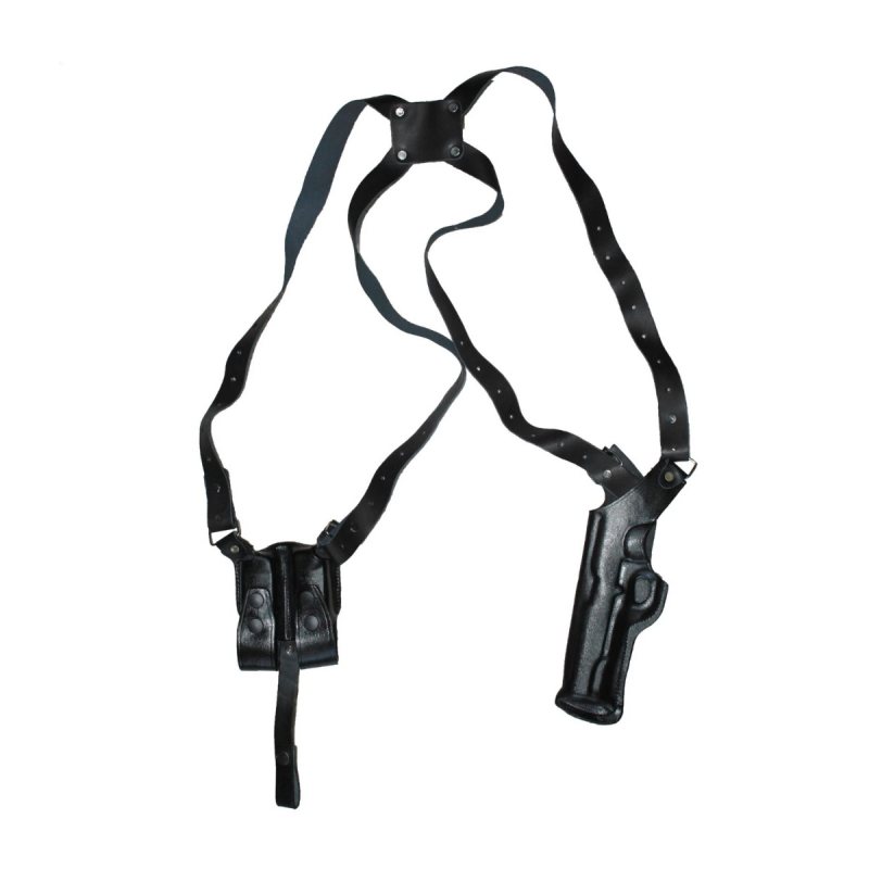 Black Real Leather Vertical Shoulder Holster with Double Magazine Pouch