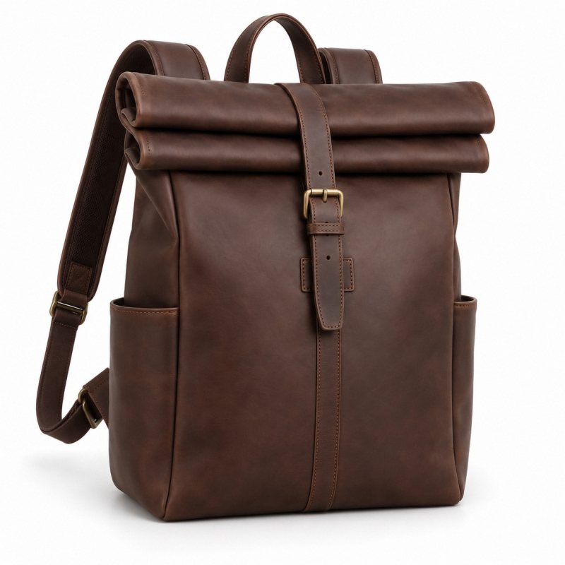 Leder-Reiserucksack mit Rollverschluss - Rollverschluss und einzelne Frontschnalle