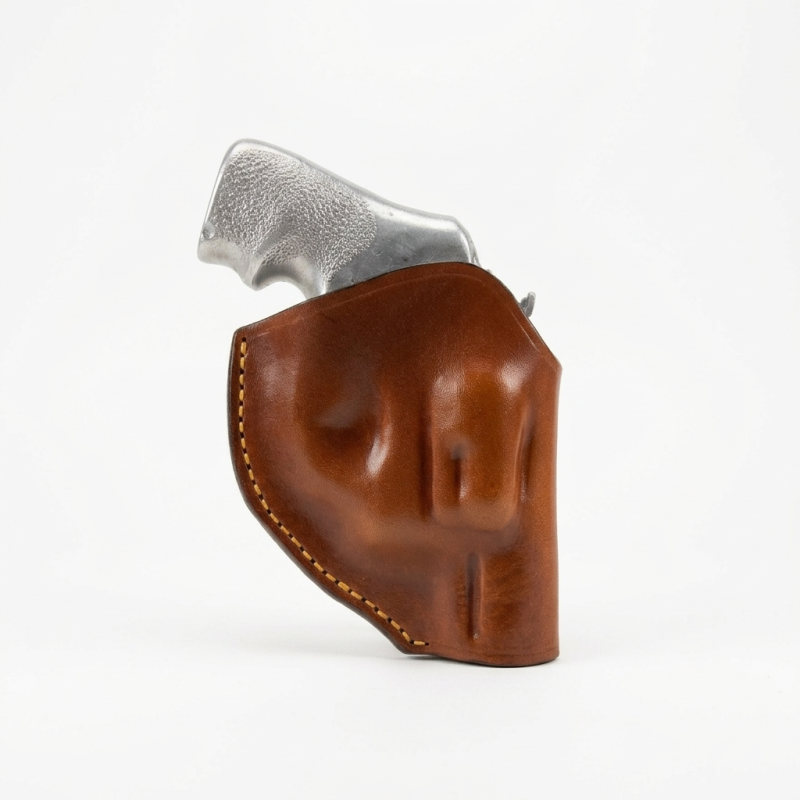 Brown leather OWB holster for Ruger LCRx .38 Special revolver, front view on white background