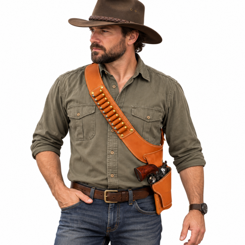 Brown Leather Western Shoulder Holster with Ammo Bandolier