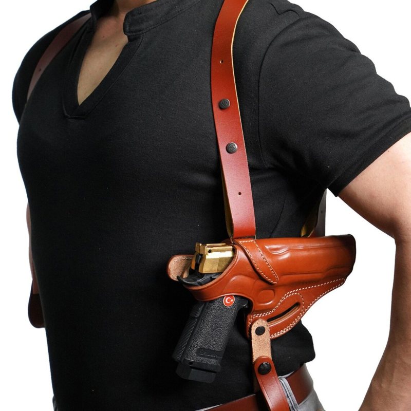 Brown leather Miami Vice style shoulder holster with double magazine pouch for 1911