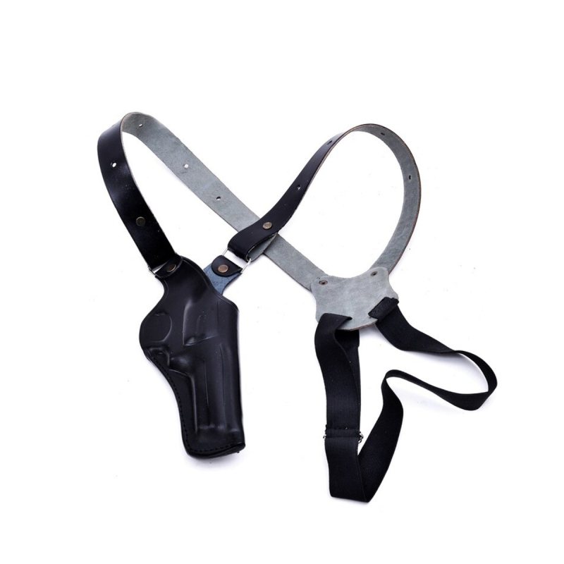 Black leather vertical shoulder holster with adjustable harness for S&W 686 revolver