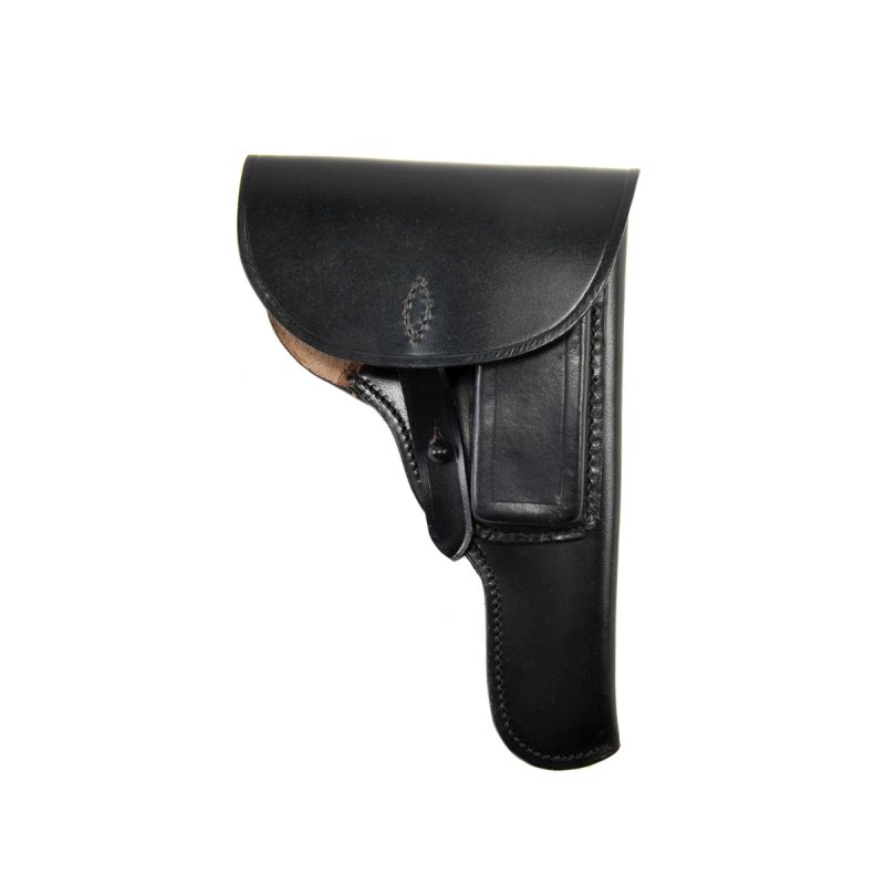 Spanish service pattern leather holster front view showing full flap and structured profile