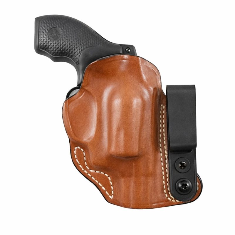 Tan Leather Flex Tuck IWB Holster – front angle view – tan molded leather holster with black tuckable belt clip
