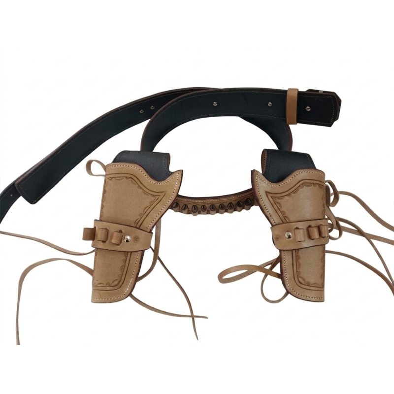 Tan Western Leather Double Revolver Holster Belt with Ammo Loops – angled product view – dual holsters attached to wide Western belt