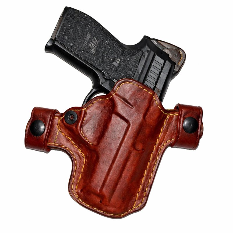 Tan Leather OWB Holster With Snap Straps front angle showing molded leather body and dual belt snap loops