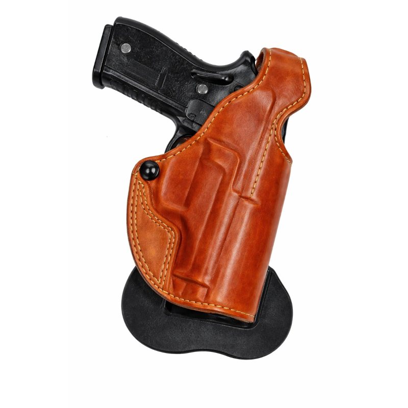 Tan Leather Paddle Holster With Thumb Break front angle showing molded leather body and open muzzle design