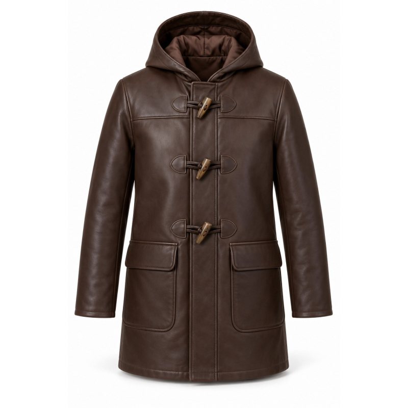 Leder-Dufflecoat mit Knebelverschlüssen nach Mass - Vollständige Kapuzenfront und drei Knebel
