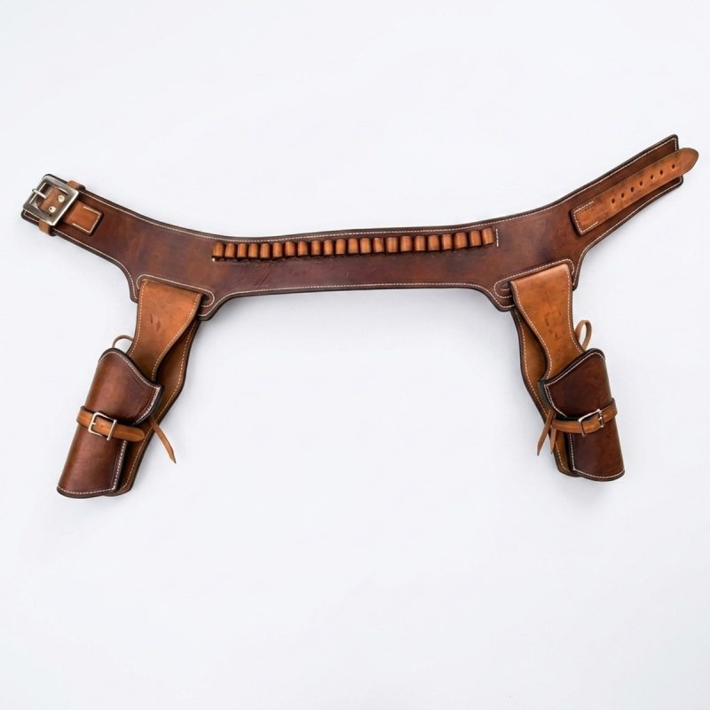 Two Tone Brown Western Leather Double Revolver Holster Belt – white background product view – dual holsters, cartridge loops, and belt buckle