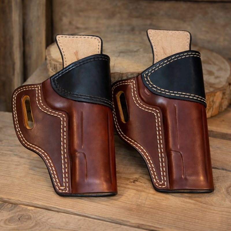 Two Tone Leather Avenger Belt Holster pair showing molded leather body and reinforced stitching