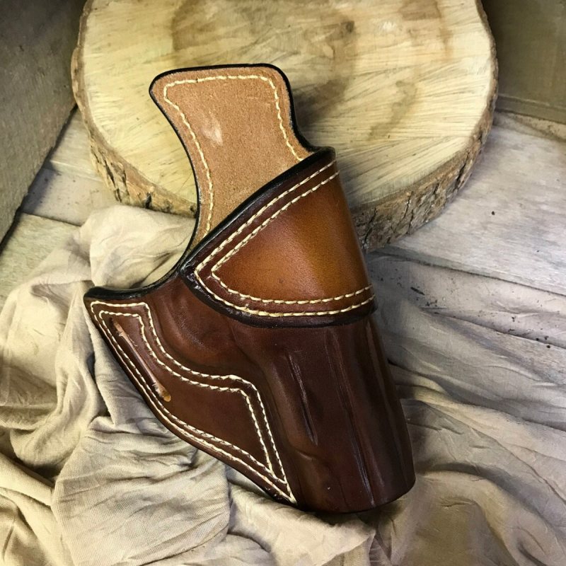 Two Tone Leather Avenger OWB Holster front view showing molded leather body and reinforced stitching