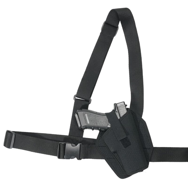 Black universal chest holster harness, product-only view on white background