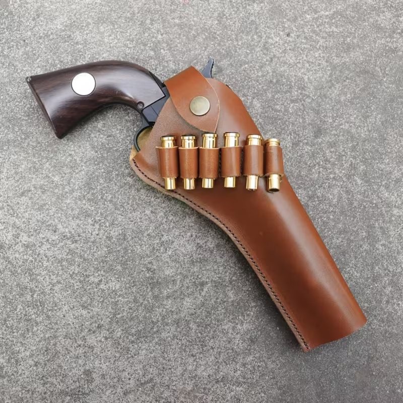 Vintage Western Leather Revolver Holster with Cartridge Loops – brown leather holster with revolver – angled front view