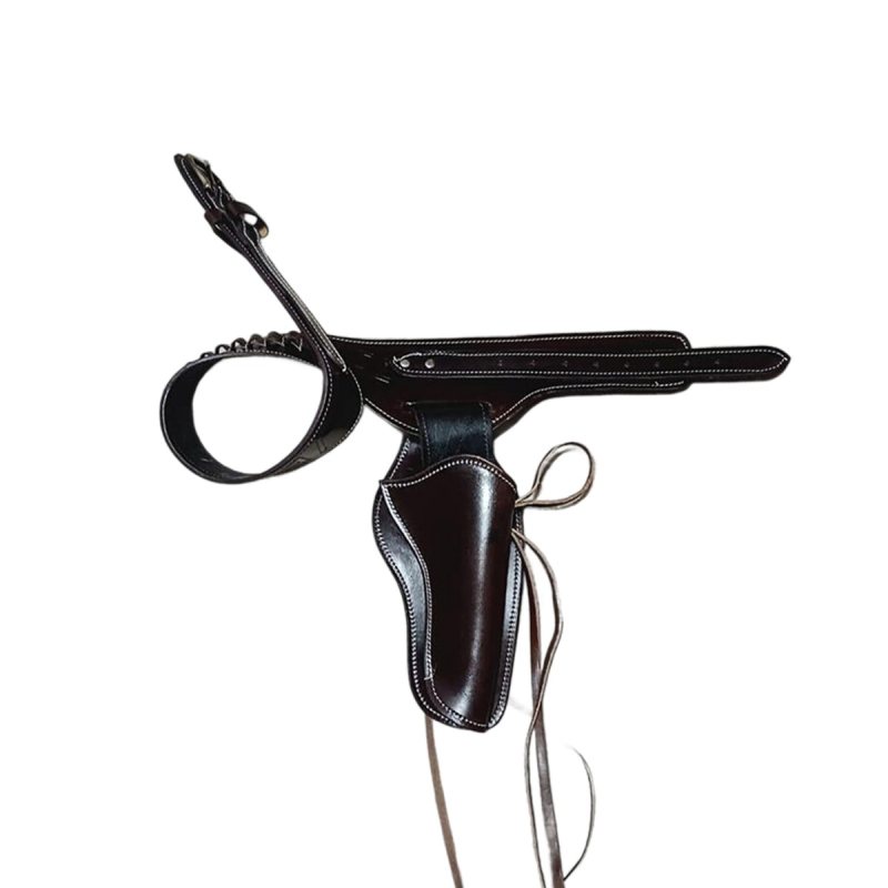 Western revolver belt holster with hammer strap shown from front view