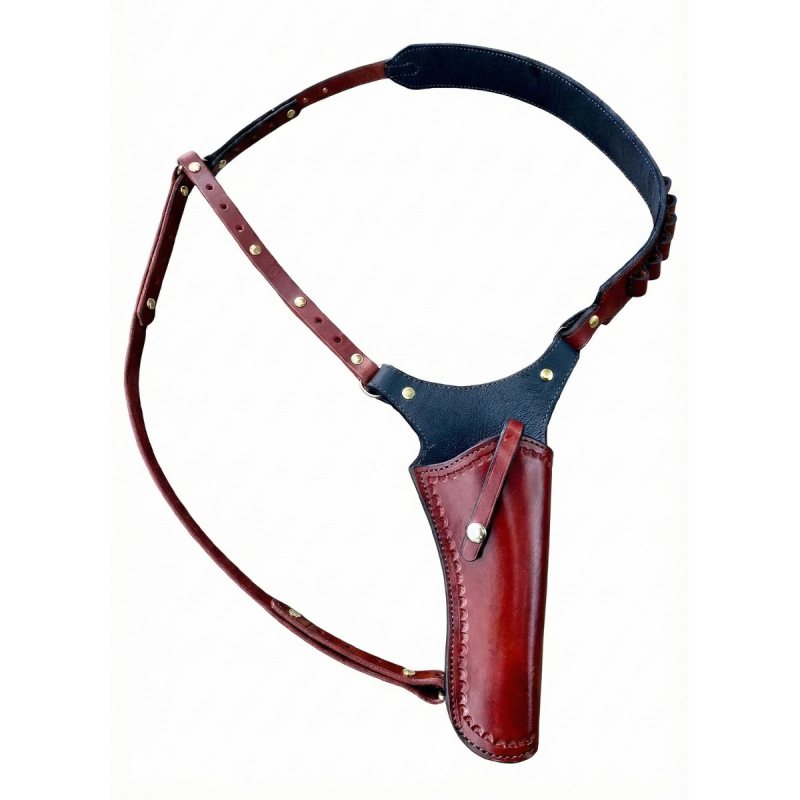 Brown western leather chest shoulder holster rig with ammo loops displayed on white