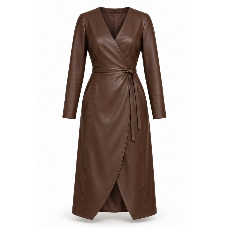 Leder-Wickelkleid für Damen nach Mass - Vollständige Wickel-Vorderansicht