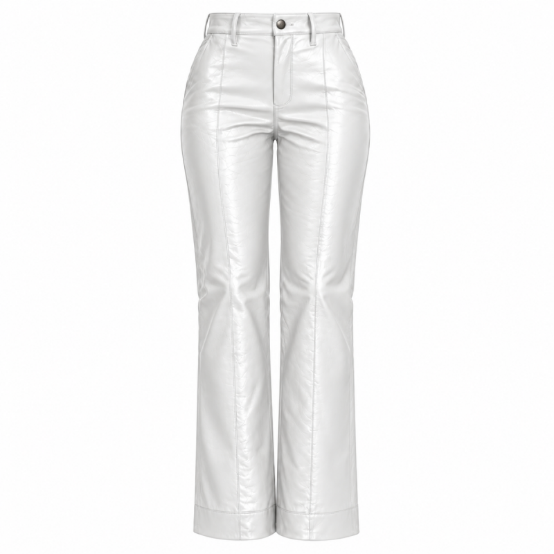 Women's white leather bootcut pants with high waist, front seam detailing and flared legs