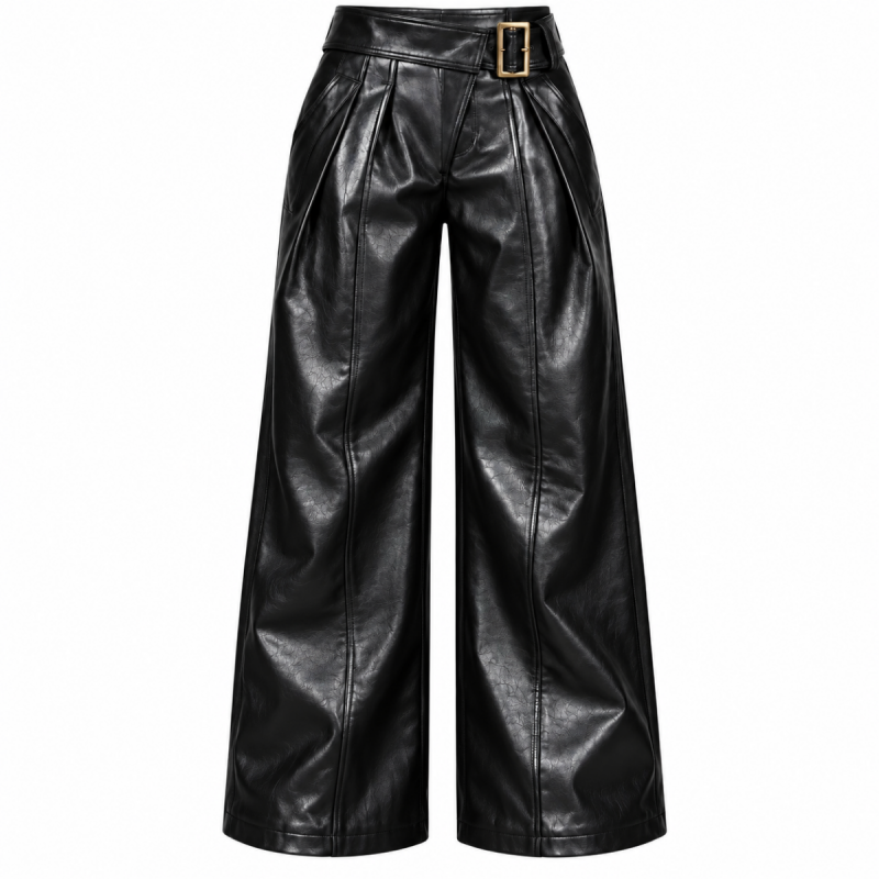 Women's black leather-look wide-leg pants with high waist, gold-tone buckle and front pleats