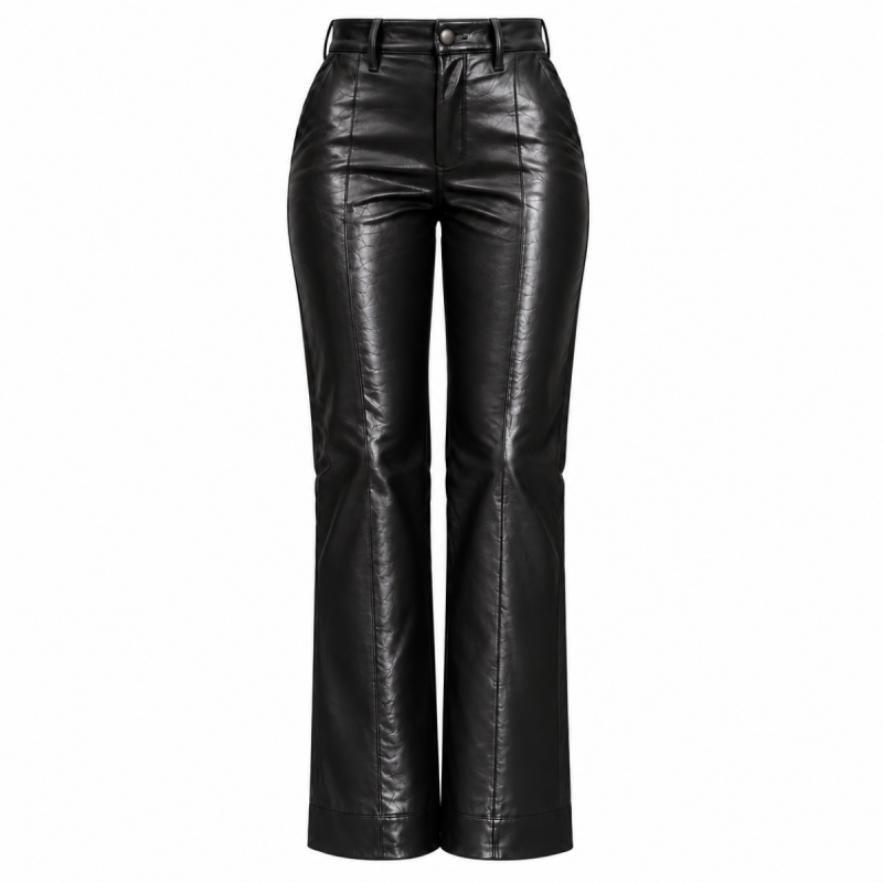 Women's black leather pants with high-waisted design, front seams and elegant bootcut legs