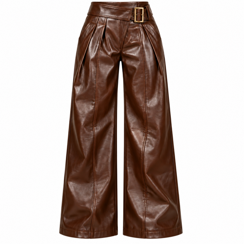 Women's chocolate brown leather-look pants with high waist, gold buckle belt and pleated wide legs