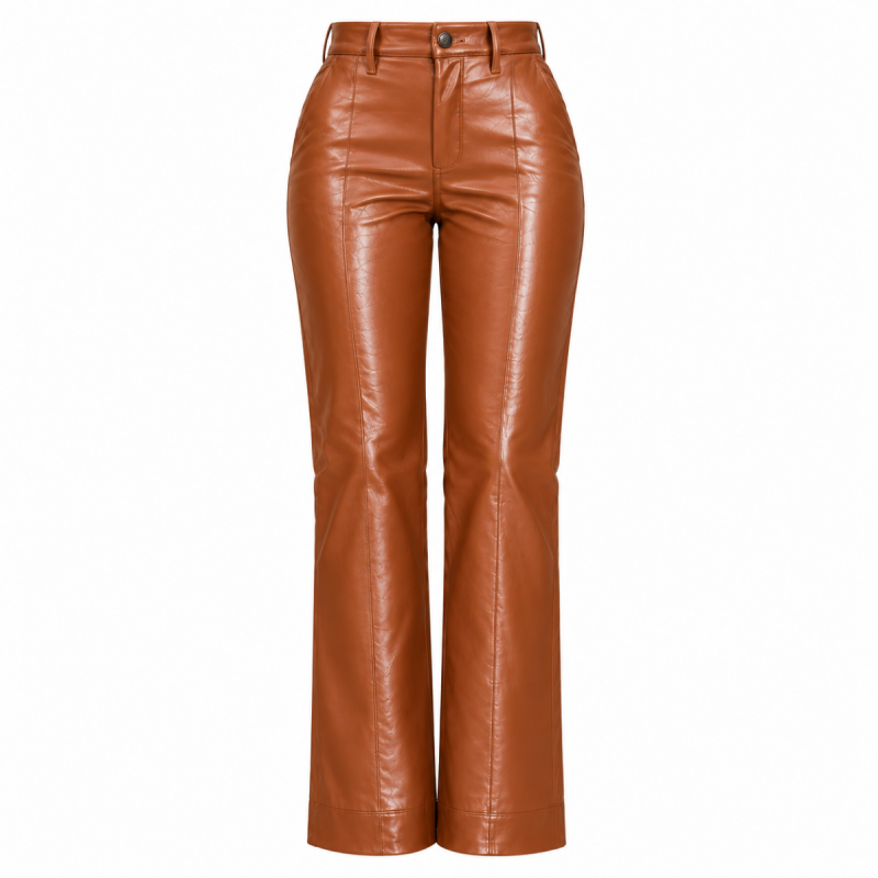 Women's cognac brown leather pants with high waist, back pockets and bootcut legs – rear view