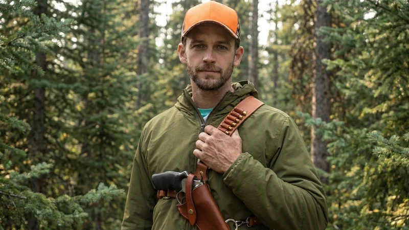 Jäger mit dem Patronenriemen des Lederbandolierholsters im Wald