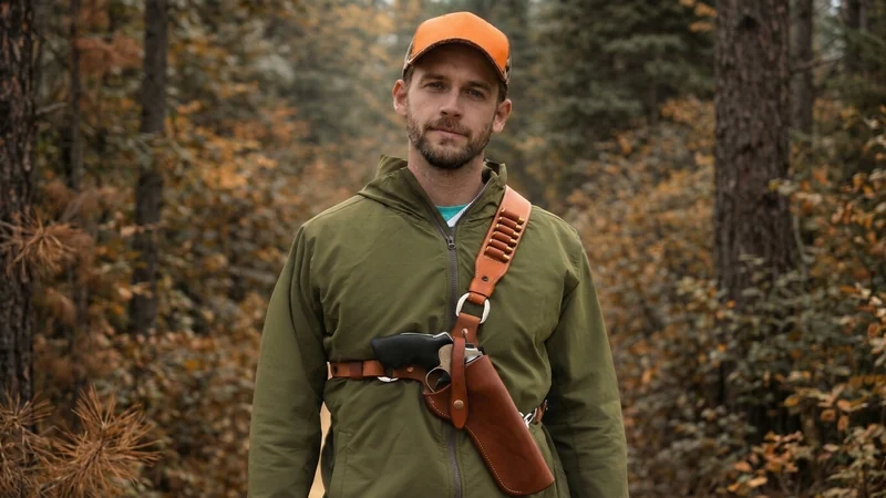 Jäger mit braunem Lederbandolierholster im herbstlichen Wald