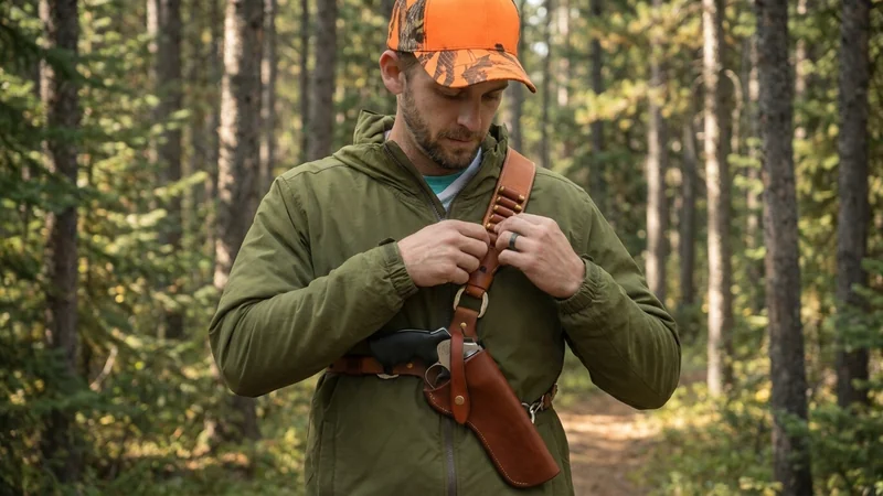 Jäger beim Anpassen des Patronenriemens am Lederbandolierholster