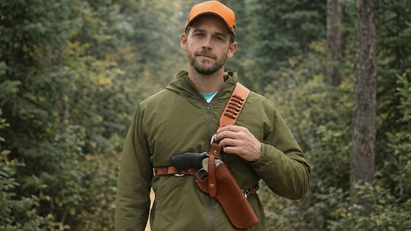 Jäger mit Lederbandolierholster und Schulterriemen in der Hand