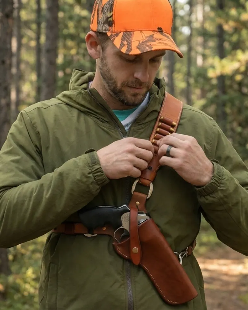 Braunes Bandolierholster aus Leder mit Revolver und Patronenschlaufen auf einem Baumstumpf